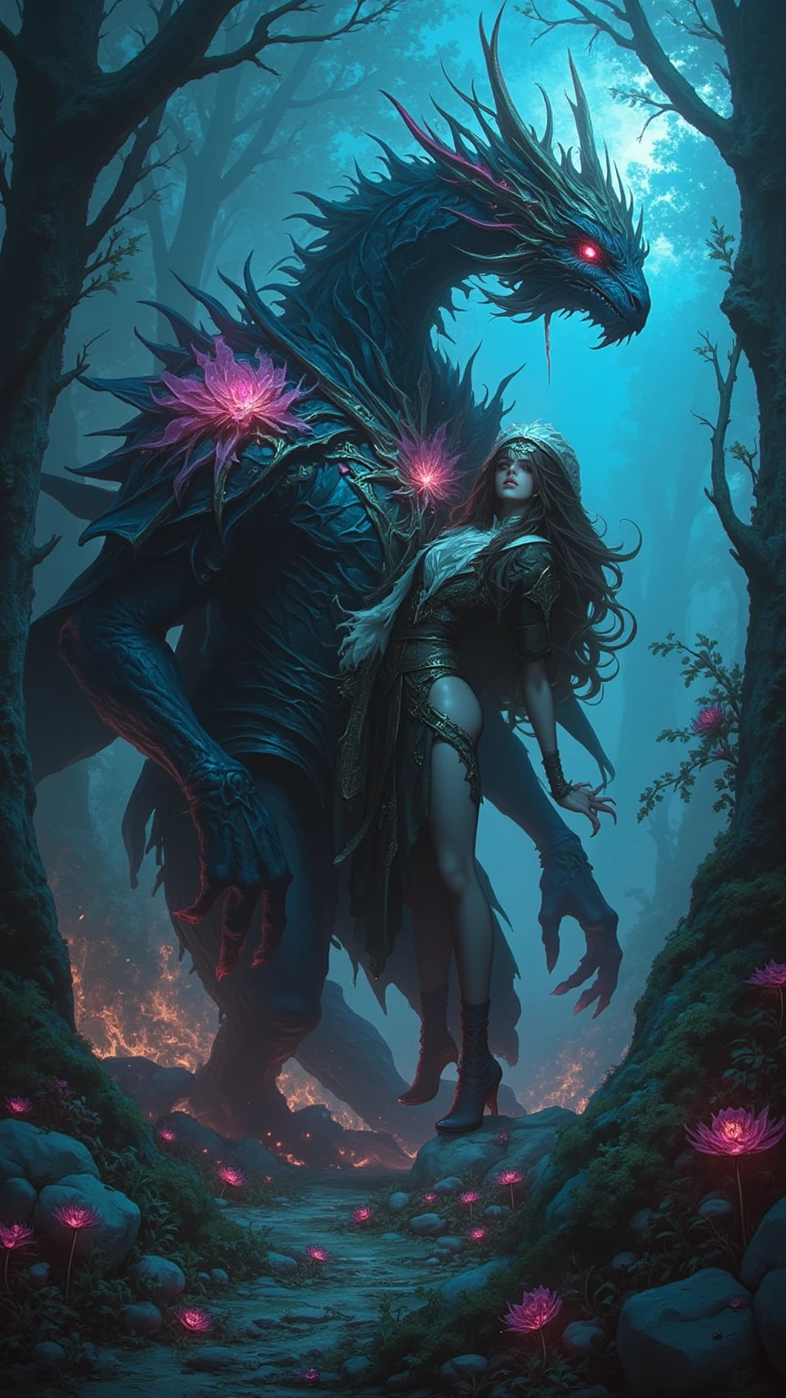 Create an image that depicts the thrilling encounter between Máterum the Primordial and the mysterious goddesses Lésnar and Réslar, emerging from the fog of Hungu². Máterum, an imposing figure with divine features, observes with curiosity the goddesses, who have a physiognomy similar to that of the gods, but with delicate bodies and small pairs of breasts. The goddesses have beautiful black eyes and dazzling red hair. The image must convey the mixture of curiosity, fear and fascination in this encounter between divine beings. The scenery should reflect the grandeur of the planet, with the fog surrounding the scene and elements that refer to the energy of the planets and stars. Lésnar and Réslar should be highlighted, with expressions that reveal their shyness and discomfort before the presence of the Primordial. The image should convey the magical and mysterious atmosphere of this crucial encounter in the narrative