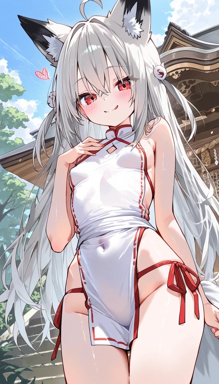 Anime Girls, (masterpiece, highest quality, 8K ultra-high resolution:1.4), beautiful detailed eyes, ultra-detailed, cowboy shot, asanagi style, pale skin, dark skin, tan, red eye, fox ear, ((fox tails)), Wicked Smile, evil grin, red line on the cheek, twin tails, white Hair, Hair ribbon bell, bimbo, ((dim body)), flat_chest, ((complete naked)), pussy line, looking at viewer, lewd, cute, big eyes, ero, ecchi, nipples, pussy line, Score_9,Score_8,score_7_up,source_anime, rating_questionable,