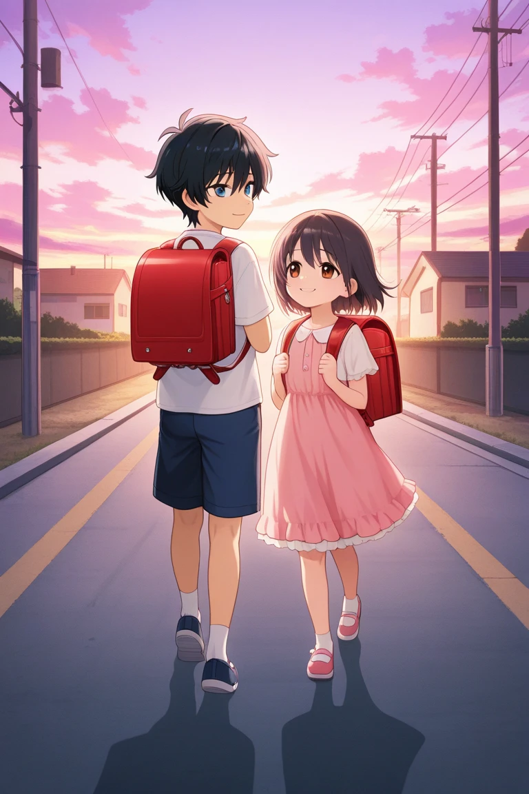 A  girl  having black colour sack with light pink colour shirt and black jeans pant and white shoes waiting on bus stand looking towards a red colour bus. a boy having black colour sack and jeans pant and light pink colour shirt  and black shoes looking at girl in village