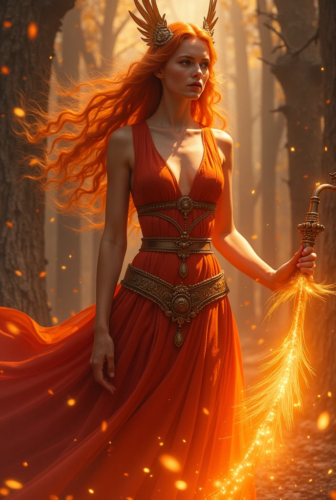 dnd woman character , elf , big b.. Bs, fire hair color , soft orange skin color , fairy , fairy atmosfer , in battle, the clothing should be red