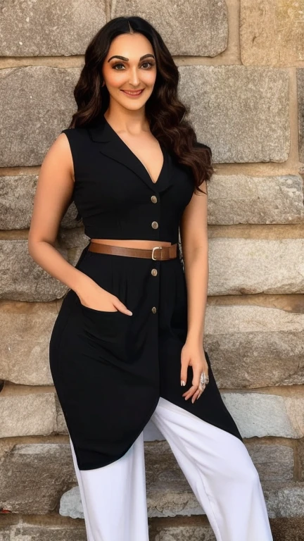 Make Larissa in this same pose wearing an identical outfit in an identical setting, cabelo preto