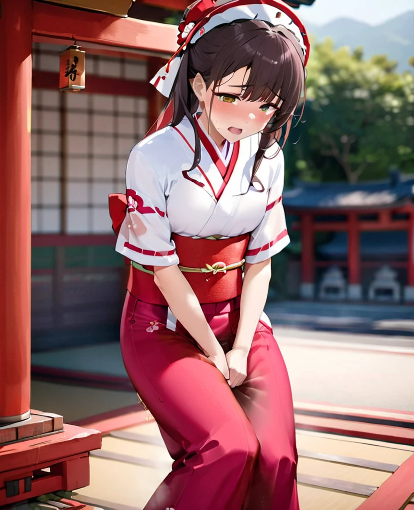 nsfw, (masterpiece, top quality, best quality, highly detailed:1.6), extremely detailed CG unity 8k wallpaper, (1 woman standing on the shrine, shrine maiden, red hakama church:1.5), Sandals, White yukata, strong facial expression, (sharp eye:1.2), (scowl:1.1), (embarrassed,blush:1.3), (steam:1.5), (wet:1.1), (sweat:1.1), (trembling:1.3), (parted lips:1.4), (harf open eyes:1.4), (feeling weak:1.5), (shoot from front, looking at viewer:1.1), (squatting, hakama lift), (long hair, black hair, pubic hair), (girl trembling with sexual climax:1.3), colorful, full body, wide shot, perfect composition, (chrotch, pussy, urethra, panty, panties), urination, incontinence, piss, peeing self, A lot of pee, having an accident, pee running down legs, (((pee stream))), (pee puddle), wetting herself, pee stain, peeing, blush, trembling, embarrassed, large breasts, Yellow pee, ((leaking pee)), Shaking one's shoulders, Breaking a sweat on forehead, puddle of pee, Pee at your feet, Pee spread on the floor, Pee stains, Dripping pee between my legs, Feet wet from pee, Pee-covered feet, Pee at your feet, want to pee, about to pee, Full bladder, Pee-soaked Sandals, Pee-soaked thigh-high socks, The limit of holding in pee, A big pee, Pleasant pee, a big puddle of urine at my feet, can't stand it and urinate, can't stand peeing, Non-stop peeing, Unstoppable peeing, hakama wet with pee, can't make it to the toilet in time and I pee, A pleasant feeling of urination after holding it in to the limit, 