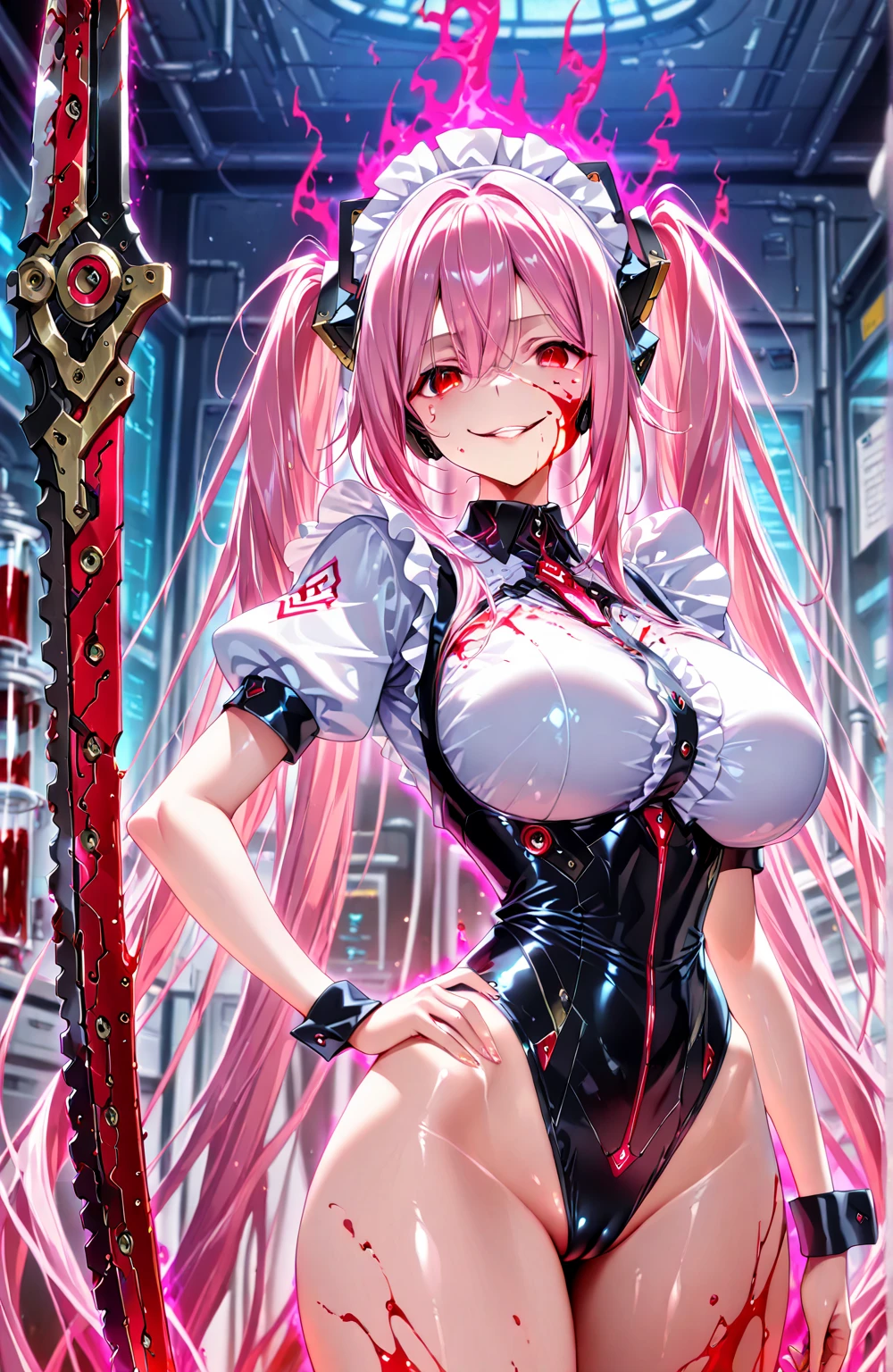 12k,Escalayer,long hair,hair_ornament,Red eyes,Pink Dress,White long gloves,thigh_boots, Embarrassing ,blush,,,White panties,,masterpiece,Noise Reduction,Perfect Anatomy,High resolution, Very detailed,Game CG,Dutch Angle ,Beautiful attention to detail,Visual Arts,Five Fingers, Perfect hands, Perfect lighting,,Red eyes,(Silver hair:1.4),(evil Smile:1.5),(Inside the futuristic base:1.1)