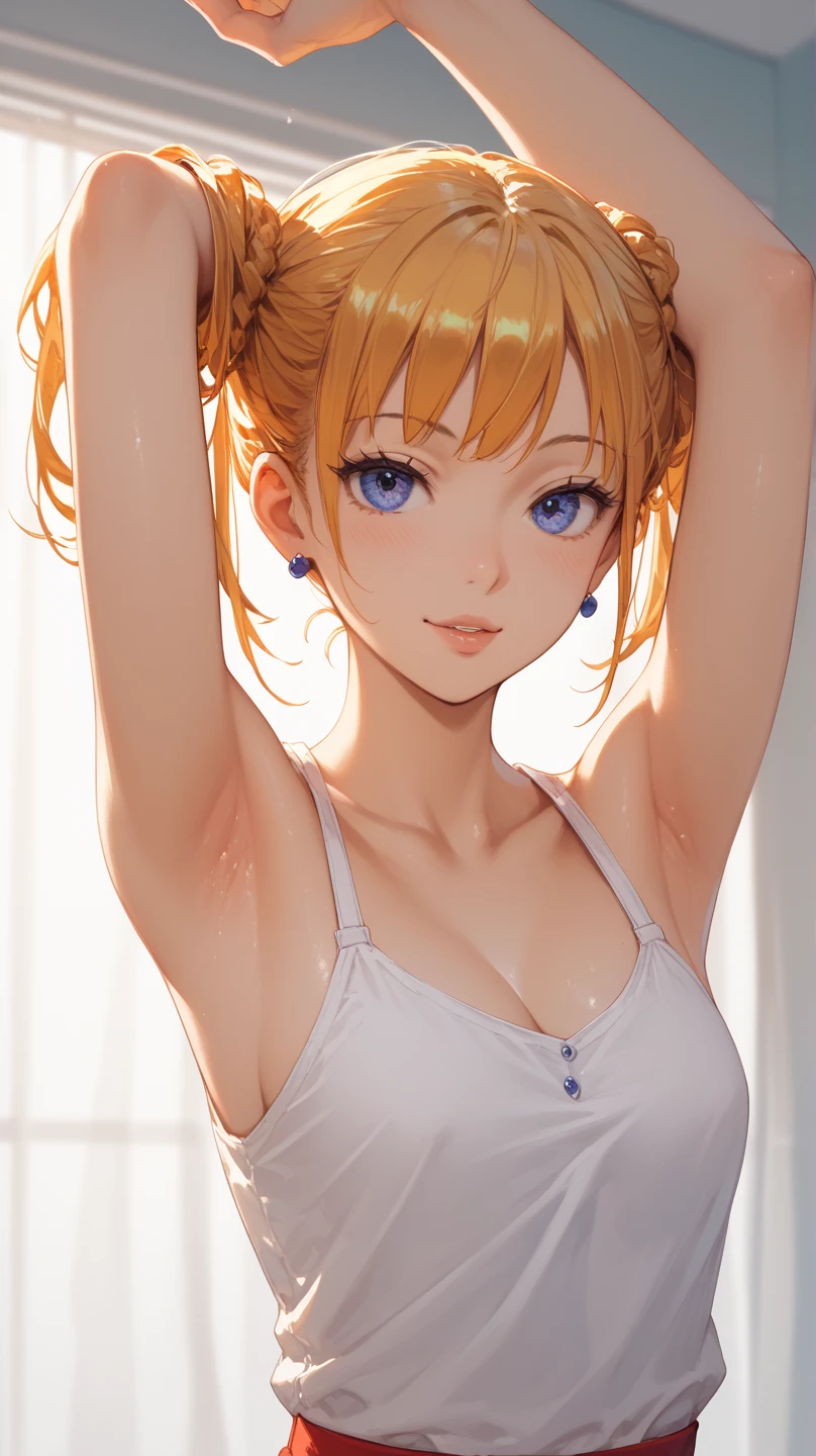 8k high resolution,detailded face,detailed bpdy,perfect body,ultra high quality,1 girl,sleeveless shirt,arms up,armpit, sweating