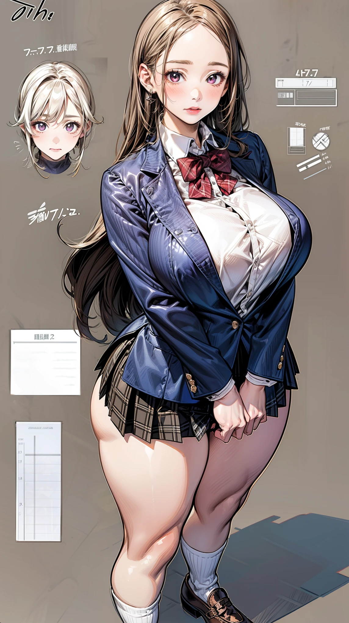 1girl in, (Solo:1.2),skin wet,skin ultradetailed,bouncing breast,,((massive big big oppai breast)),((leaning forward)),girl, solo, full body, from head to toe, standing, (Huge_Breasts:1.3), Character Design Sheet, character reference sheet, Blueprint Schematic Drawing, technical drawing, blueprint, schematic, ((Character Design Sheet:1.7, character reference sheet:1.7,)), an anime/cartoon character wearing a girls , 1girl, solo, thigh-highs, Blazer (Blazer), ahoge, long hair, bow, , shoes, loafers, ribbon, (very short skirt:1.4),

