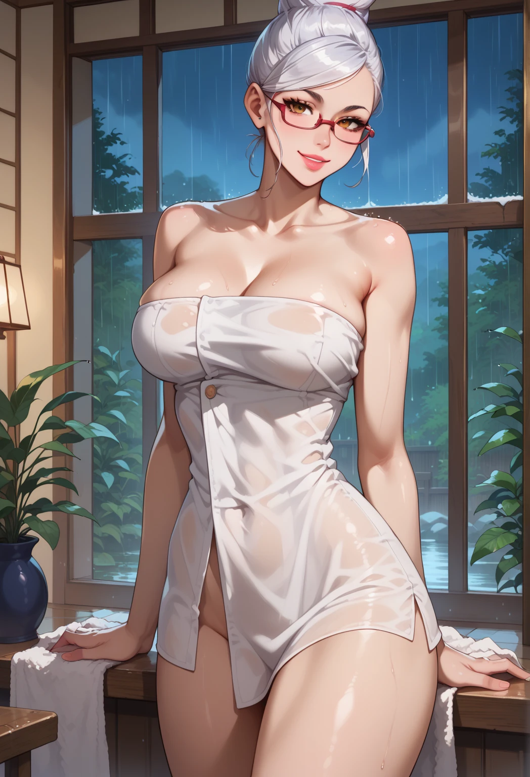 ((What to wear in summer、、A light cotton kimono to use as a bathrobe)),(bath robe),The clothes are fluffy,White panties,1girl in, Solo,(A MILF), (((maturefemale,Adult Woman))),masuter piece, of the highest quality, ultra-definition, max resolution, A highly detailed, Clean skin, Extremely sexy,Huge breasts,cleavage,blush,a sultry,thong,Japanese-style room,(((After the bath))), Attractive soothing thighs,no-bra