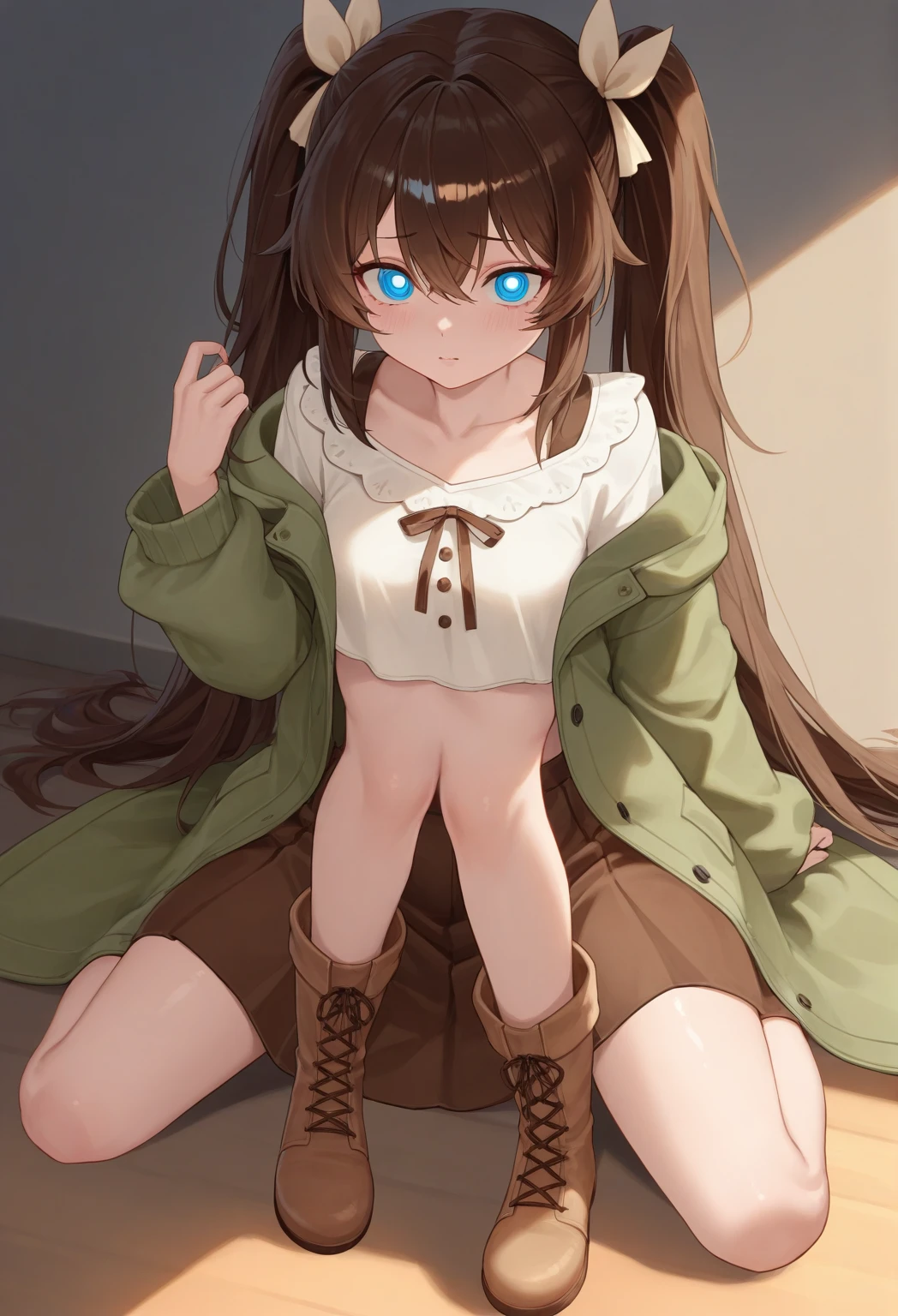 meiterumi, Mei Terumi, Long Hair, Brown Hair, (Green Eyes:1.5), Topknot, Hair covering one eye,
break dress, Exposing shoulders, Blue clothes, Sandals, Fishnet tights,
break cowboy shot, View your viewers,
break indoors,
break (masterpiece:1.2), Highest quality, High resolution, unity 8k wallpaper, (figure:0.8), (Beautiful attention to detail:1.6), Highly detailed face, Perfect lighting, Highly detailed CG, (Perfect hands, Perfect Anatomy),At the bed, naked, Big Breasts, spread legs, spread pussy,