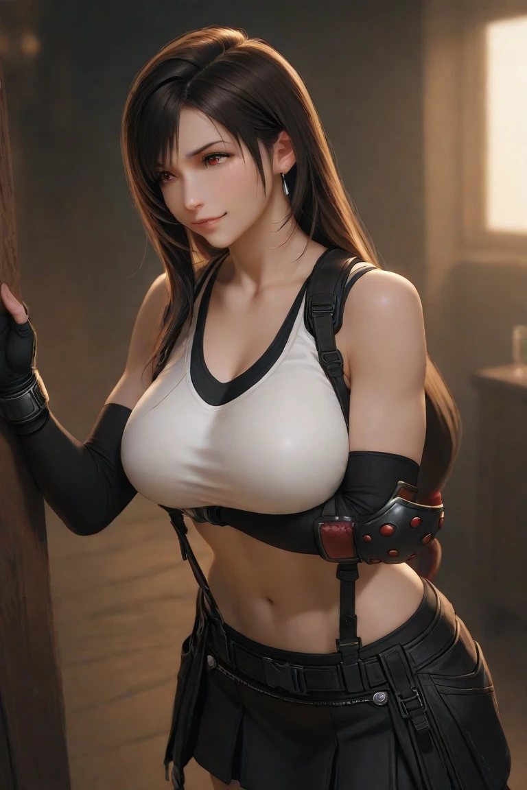 (Photorealistic: 1.4), top quality, very delicate and beautiful, high resolution, 1girl, tifa_lockhart, smile, cowboy shot, suspenders, low rise, mini skirt, tank top, tense shirt, black hair, long hair, elbow gloves, beautiful detailed red eyes, face light, movie lighting, bright, navel, high exposure, abdomen exposure, toned abs, ( gigantic breasts: 1.2), (huge breasts:1.3)dynamic poses, dynamic angles,