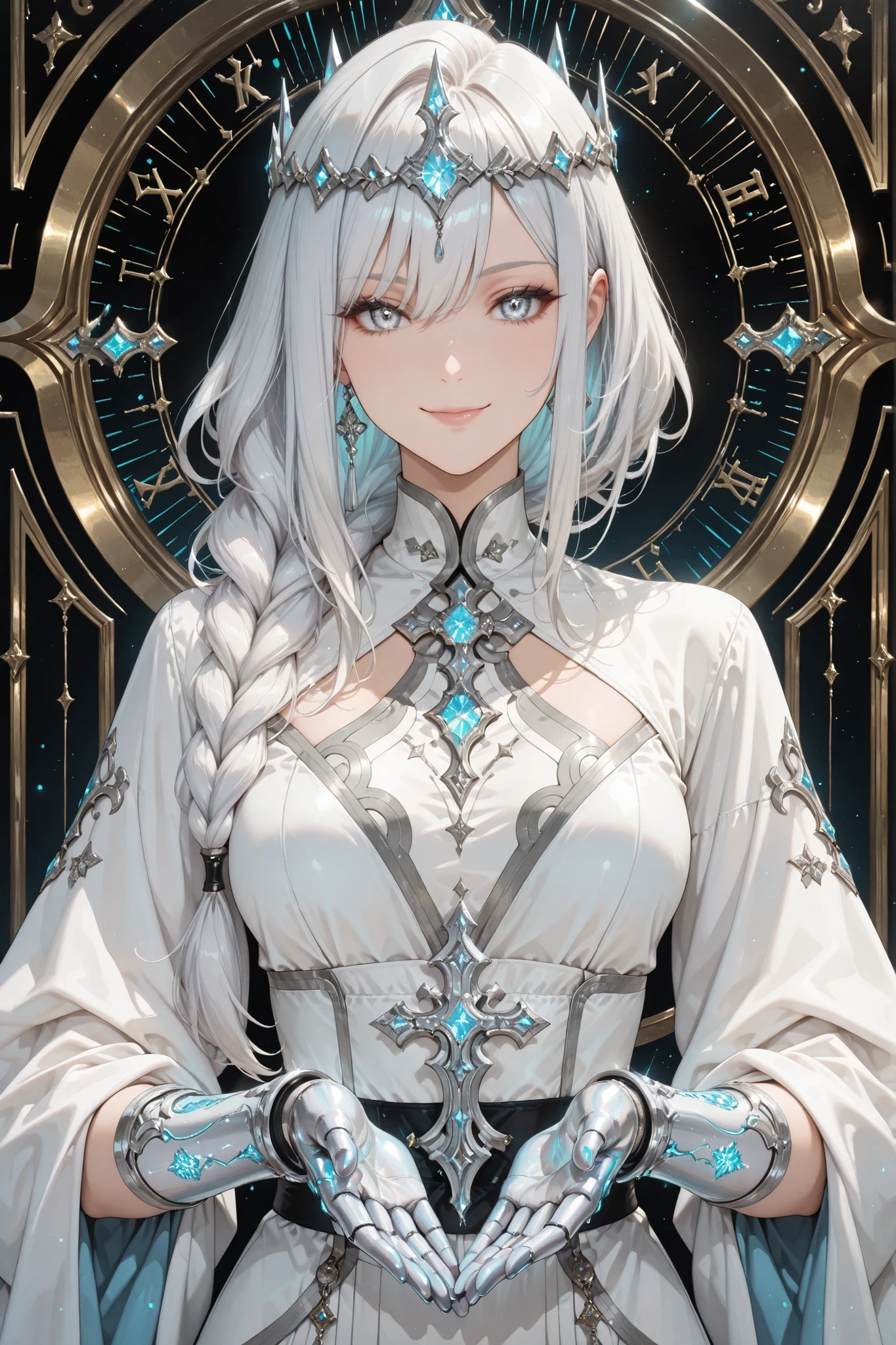 ((masterpiece, best quality, anime style, ultra-detailed)), 1girl, solo, divine administrator, 9, elegant and graceful build, long silver-white hair with soft shine, braided crown and side strands tied with silver Luxorite clasps, sharp silver eyes:1.4, calm confident smile, fair porcelain skin, silver-trimmed black-and-white suit (tailored, contract-themed design), glowing silver gauntlet with contract runes, half-body, refined and commanding pose, hand raised slightly as if directing invisible threads, background: glowing marble hall lined with scrolls and crystal consoles, ambient lighting with silver highlights, color palette: silver, ivory, black, soft blue, vibe: ethereal administrative goddess