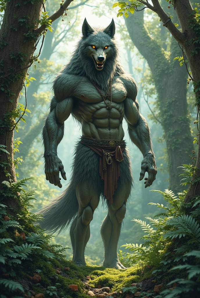 ultra-detailed, masterpiece, masterwork, high quality, best quality, hdr, japanese style, nature, (nsfw), (solo), male, werewolf, (gray little body werewolf), (white body), (nude), (long silver hair), (yellow eyes), cool pose, dynamic angle, (bulge white loincloth), earrings, wolf foots, Scar in one eye,