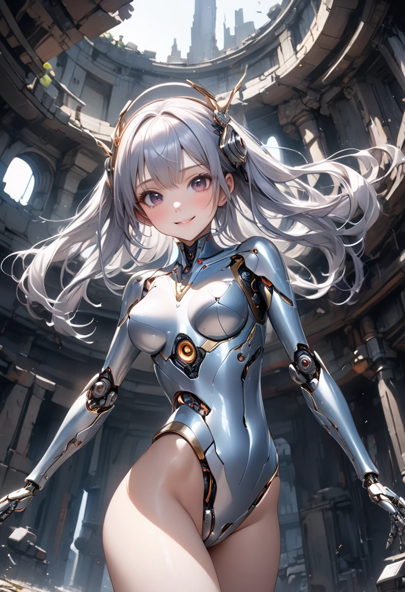 highest quality、Realistic、female、zoom、Orange Eyes、Silver long wavy hair、Hero Suit、Glossy bodysuit、slender、Dark Skin、Small breasts。Aerial、An inappropriate smile、Bust Shot、
