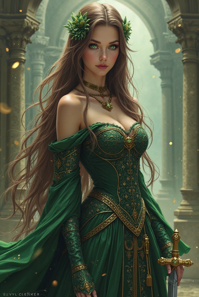 (I am a human female queen who is the sole sovereign ruler of my kingdom of elf people..), I&#39;m ordering my goblin subject to charge forward - action pose, majestic green dress with extremely generous cut, brown-brunette medium long hair, queen tiara, shiny armpits, sweaty and sexy:1.2, high heels stilletto queenly, ((Midnight)), (at isekai-fantasy castle hall at Midnight), fighting woman, sky anime style, Best Quality, High resolution, 1 girl, inspired by the work of ntrman: queen who adopted an elf, perspiration, (abundant generous breasts), swaying breasts:1.1, fleshy constitution, big thick arms, beautiful face, dirty blonde hair, long and medium:1.1, squinted eyes, light colored pupils, [maternal face], Beautiful long legs, beautiful body, Extremely fertile maternal body shape., Beautiful nose, Beautiful character design, hits, purple eyes, (bushy pubic hair), (Give order to charge from throne room - waiting - legs apart - arms forward to order charge - action pose!:1.5), (my arm swings my hair temptingly:1.1, (looking at the viewer), cowboy shot, front view body photo:1.1, BREAK, (with group of elves), (very dynamic view), -auto (naked) naked