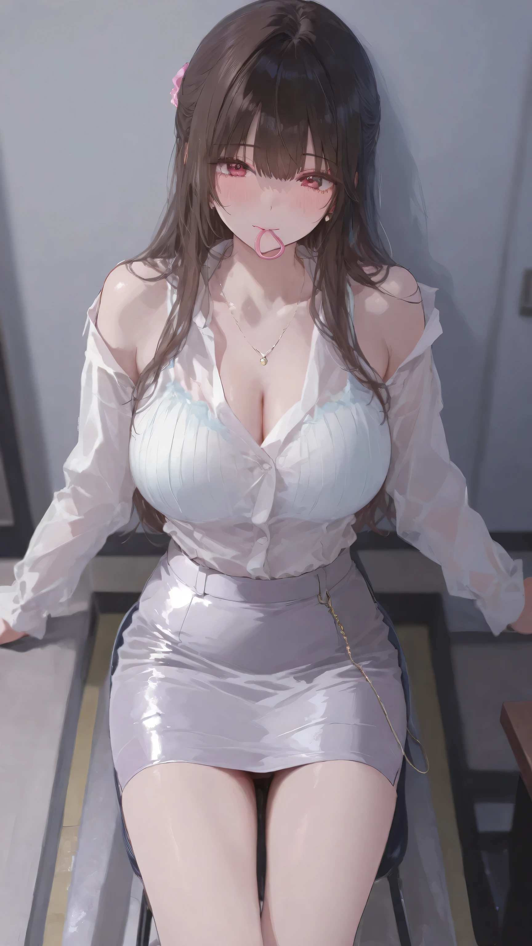 Chaeryeong, big tits, small waist , nip slip, tits showing,showing face,secretary outfit, white button up (busty), wet shirt (seethrough),pencil skirt, earings, rich aesthetic, giant bust
