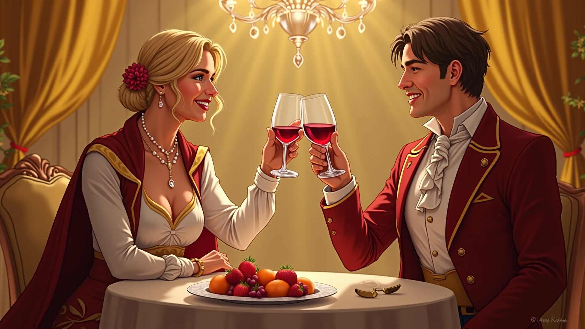 portrait of a beautiful couple having a romantic dinner, wine cellar full of food, torches on the wall, schnapps, romantic, inviting, cozy, blonde woman, painting Vladimir Volegov, 8k uhd, octane render, 4k, HDR, dynamic lighting