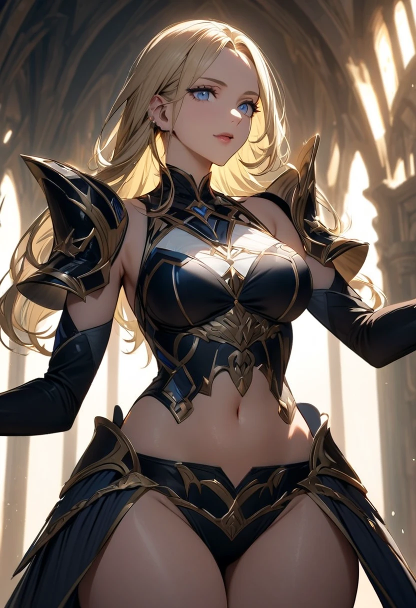 blonde long hair, busty, cleavage, breastplate, (close shot), lower body, thighs, sexy