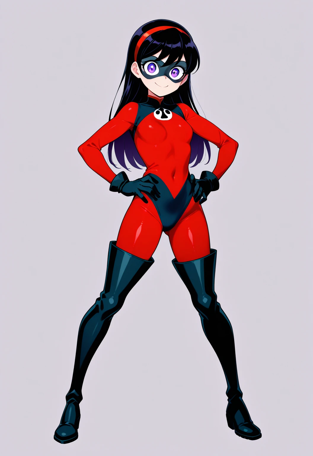 (full body),masterpiece, highest quality, ((One girl)), Violet Par, Eye mask,Long Hair, Black Hair, Hair on one eye, (Red hero suit),Red bodysuit,black elbow gloves,Black Thigh Boots,Thick thighs,Put your hands on your hips,Squat,Spread your legs,View your viewers, Face to endure humiliation, Simple Background