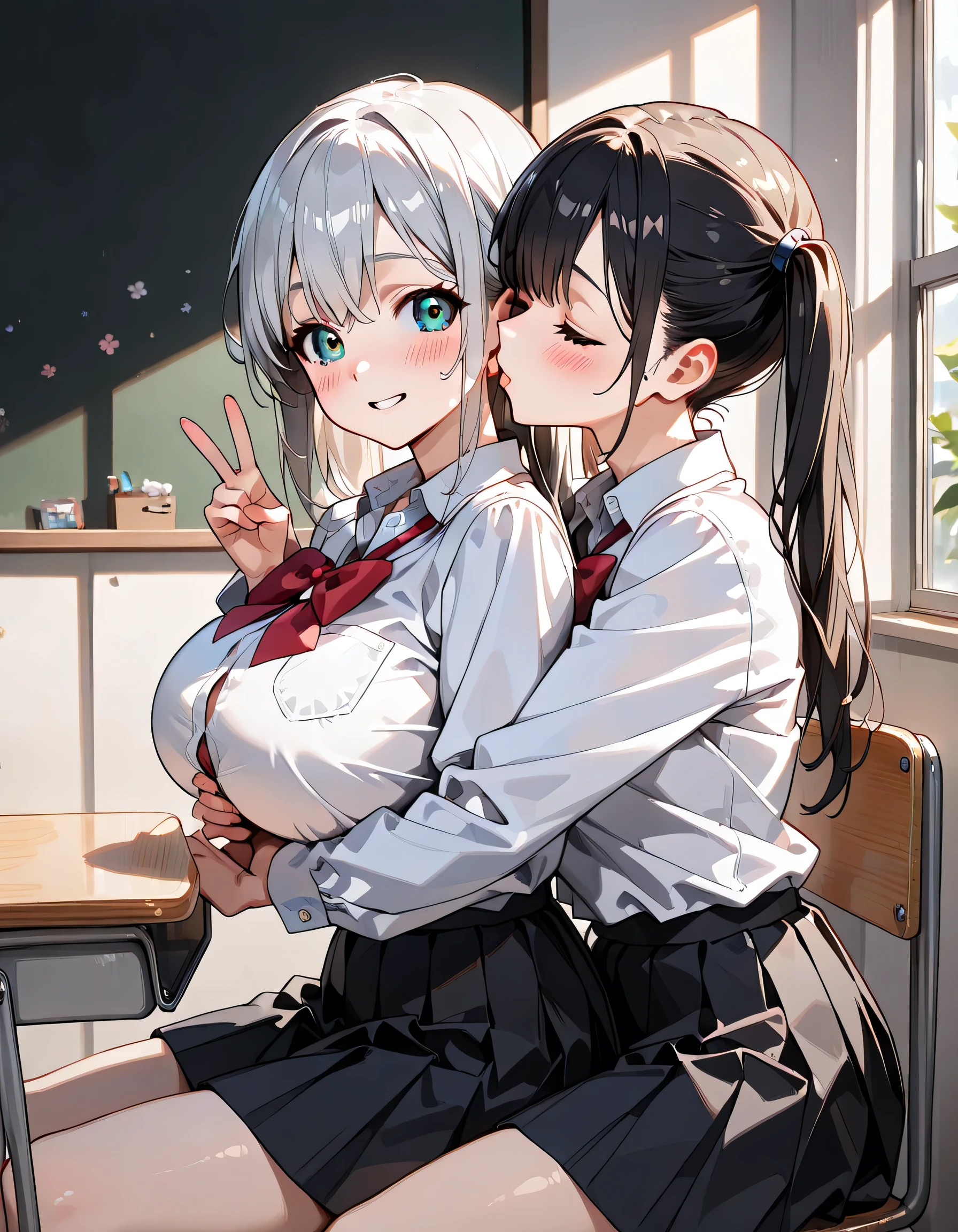 ((ultra-detailed)), (highly detailed CG illustration), (best quality:1.2), ultra-highly detailed, colorful composition, artistic photoshoot, 2 girls, duo focus,cowboy shot, moe anime character, 2 girls, dainty facial structure, baby face, round face, rounded chin:1.2, ideal ratio body proportions, hot:1.3, sweat:1.3, Marika, Sena, back to back pose, silver hair:1.3, black hair:1.3, twin tails, black hair bow, black hair, long hair, swept bangs, half updo, aqua eyes, orange eyes, (round glasses:1.3), (thick eyebrows), red neck bow, long sleeves white frilled shirt, navy blue pleated skirt, and black high socks,, perfect feminine figure, anatomically perfect, beautiful detailed faces, huge breasts, radiant smiles, playful postures, matching outfits, peace signs, winking, cheerful expressions, sitting chair in classroom, Marica brings her face closer to the Sena's brests, yuri:1.3, Girls kissing:1.3, hug:1.3, vibrant colors, cute aesthetic, yuri theme, dynamic composition, smile:1.3, happy:1.3, joyful:1.3, from side, best quality, masterpiece, expecting, pink cheek, blush, light pink gloss slip, portrait, depth of field, poured sunlight, sidelighting, shine, lighting, caustics, ray tracing, perfect face, lustrous skin, highly detailed face, highly detailed eyes, perfect face, perfect nose, perfect hair, perfect eyes, perfect anatomy, beautiful hair, beautiful small face, extremely detailed face, beautiful detailed eyes, beautiful clavicle, beautiful body, beautiful huge breasts, leavage, breasts squeezed together, equalize the size of the left and right breasts, beautiful thin thighs, beautiful legs, beautiful fingers, 4 fingers, 1 thumb, lovely, (very detailed background:1.0), (highly detailed background:1.0), intricate details, joyful atmosphere, colorful and sparkling colors palette, chromatic aberration