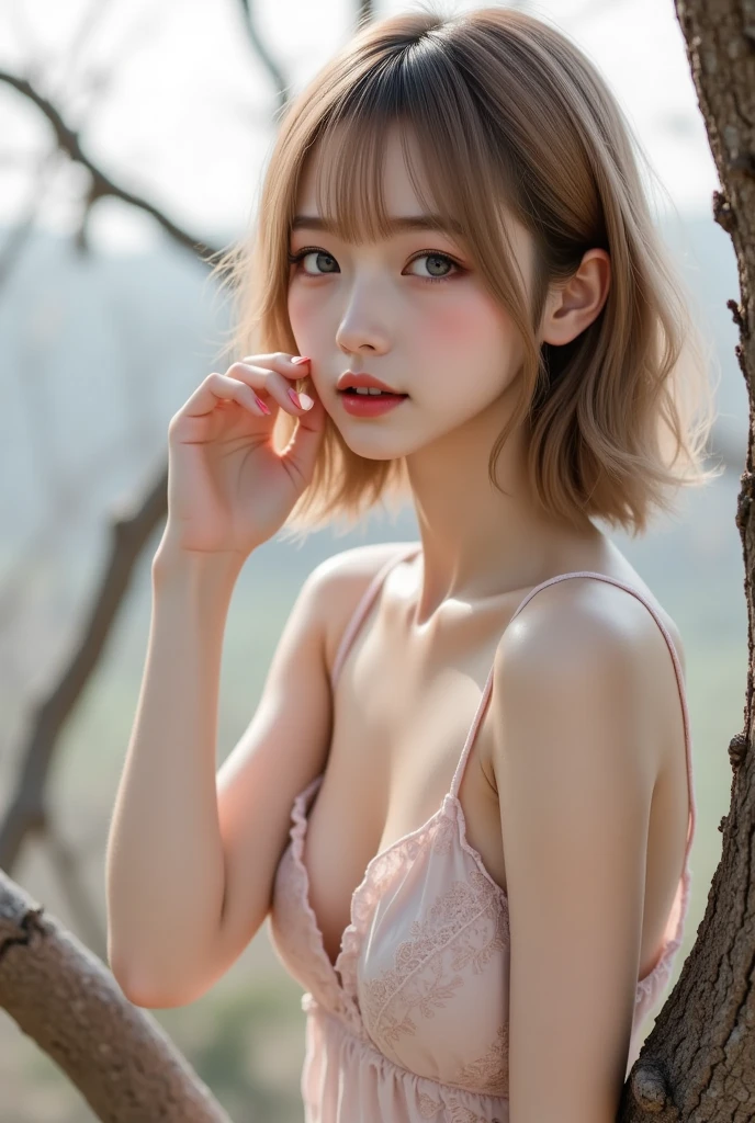 8k, RAW photo, Fujifilm, analog style photo of a beautiful young woman as avril with (huge breasts) in a light pink rose garden (highly detailed skin:1.2) Style-Petal BREAK
short hair, blonde hair with color streaks, blunt bangs, wearing a dress, film grain, 35mm, cute-style, cowboy shot