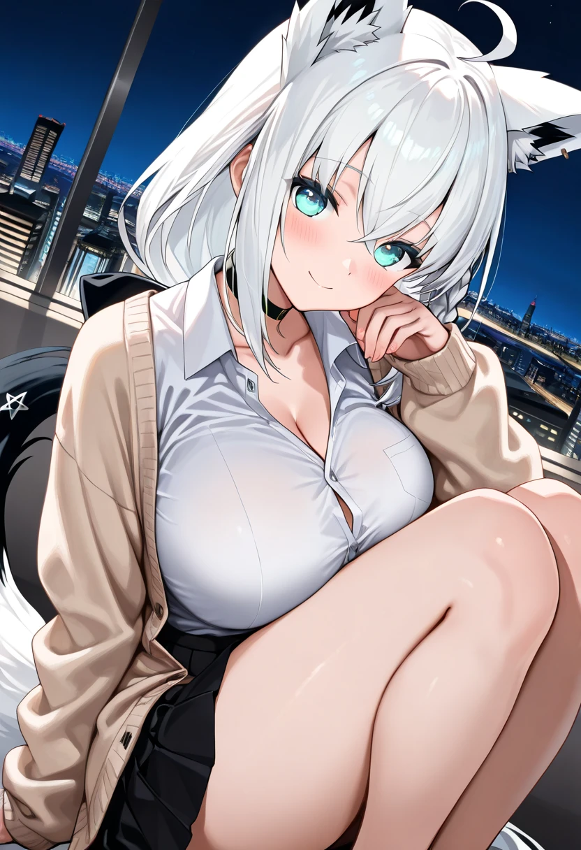(topless), nsfw, masterpiece, magazine cover, 1 girl, erect nipples, nipples, high angle, intricately detailed, navel, necklace, holding smartphone, beautiful face, denim shorts, smiling, extremely detailed, photorealistic, octane render, 8 k, unreal engine. horse ears, horse tail, bare breasts, bare stomach, sweaty, detailed, cowboy shot, small breasts, large nipples, puffy nipples, black belt, leg strap, hair ribbon, texts, sitting, crossed legs, red couch, nude, shirtless, bare arms