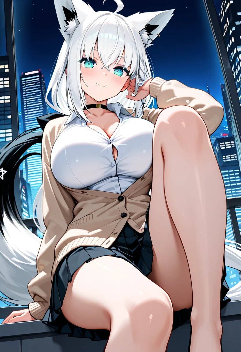 (Cool policewoman.Well-formed face.Tall.A very muscular, thin body.Beautiful six pack abs.Big eyes.Beautiful blue eyes.White Hair.Boyish medium-long hair with a center part.I can see your forehead.Heavy eye makeup.Dark lipstick.Tight waist.Very large breasts.Very large breastsの谷間.Beautiful pale pink areola.Firm skin).(A small, see-through white leotard.Nipples are visible.Black leather boots with lots of belts.Cat Ears).(Skyscraper rooftop.Futuristic City.Late Night.I can see the city at night.sitting on a marble chair.With legs apart.My hair is blowing in the wind.Smiling thinly.Sticking out tongue)Perfect Face.Accurate human body.Accurate 5 fingers.High resolution.Full body image