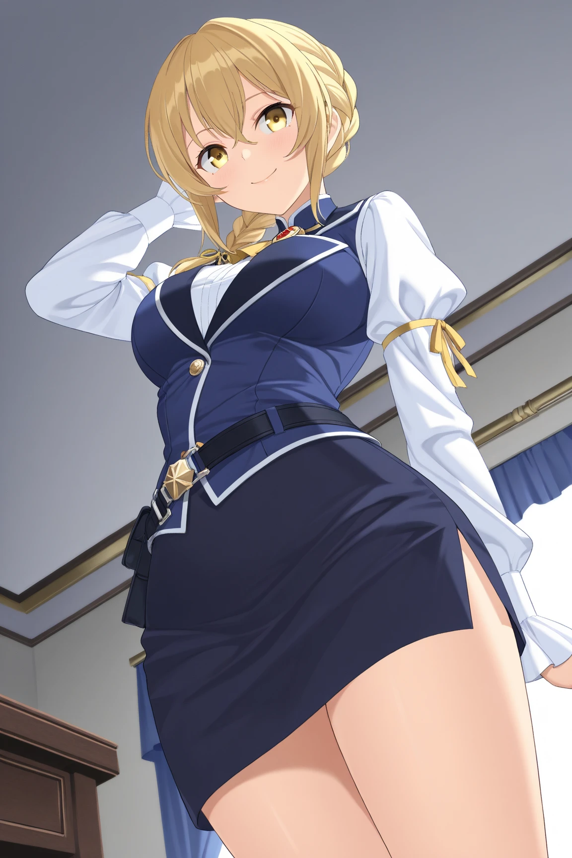 , (Spread your legs)、 (White panties), Female police officer, Blue Uniform、Mini Skirt Police、White shirt, sunny, Mature Woman, Anime Cel Style, Highest quality, High resolution, One Girl, (Large Breasts:1.2), Beautiful Face, Beautiful fingers, Beautiful long legs, Beautiful body, Beautiful Nose, Beautiful character design, blonde, bangs, blue eyes, Show Viewer, Cowboy Shot, blush、Embarrassed look、Nipples are visible、 、