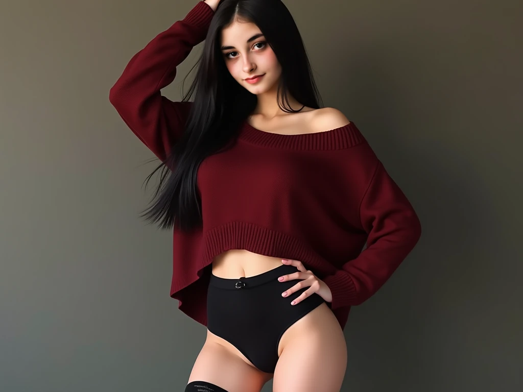 ((best quality)), ((masterpiece)), (detailed), 1 girl, Off-the-shoulder sweater, without panties,((Vagina behaart)), (Labia are dark red), the girl is 13 years old, black hair, French braids,((braces)), skinny body, naked, small nipples, tattooed posing sitting shows that she is aroused