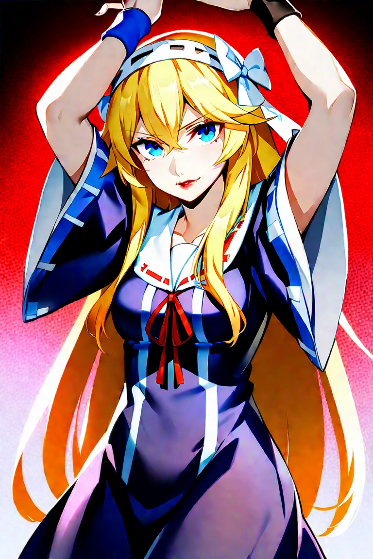 (1girl,20 years old,mature female),blonde hair,long hair,white dress, sleeveless, bow tie, bare shoulders,smile,cleavage,pantyhose,((white background)),extra arms,four arms,upper body.profile