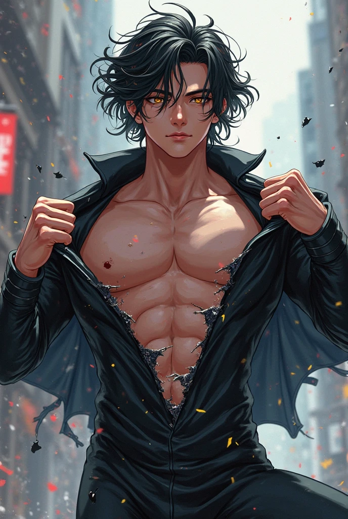 1 boy, single boy, long messy wine-colored neck-length hair, dark skin, tanned skin, green eyes, mole under the right eye, somewhat athletic body, sandglass waist, somewhat wide hips, tight black shirt, tight jeans ripped, black leather jacket, in a college