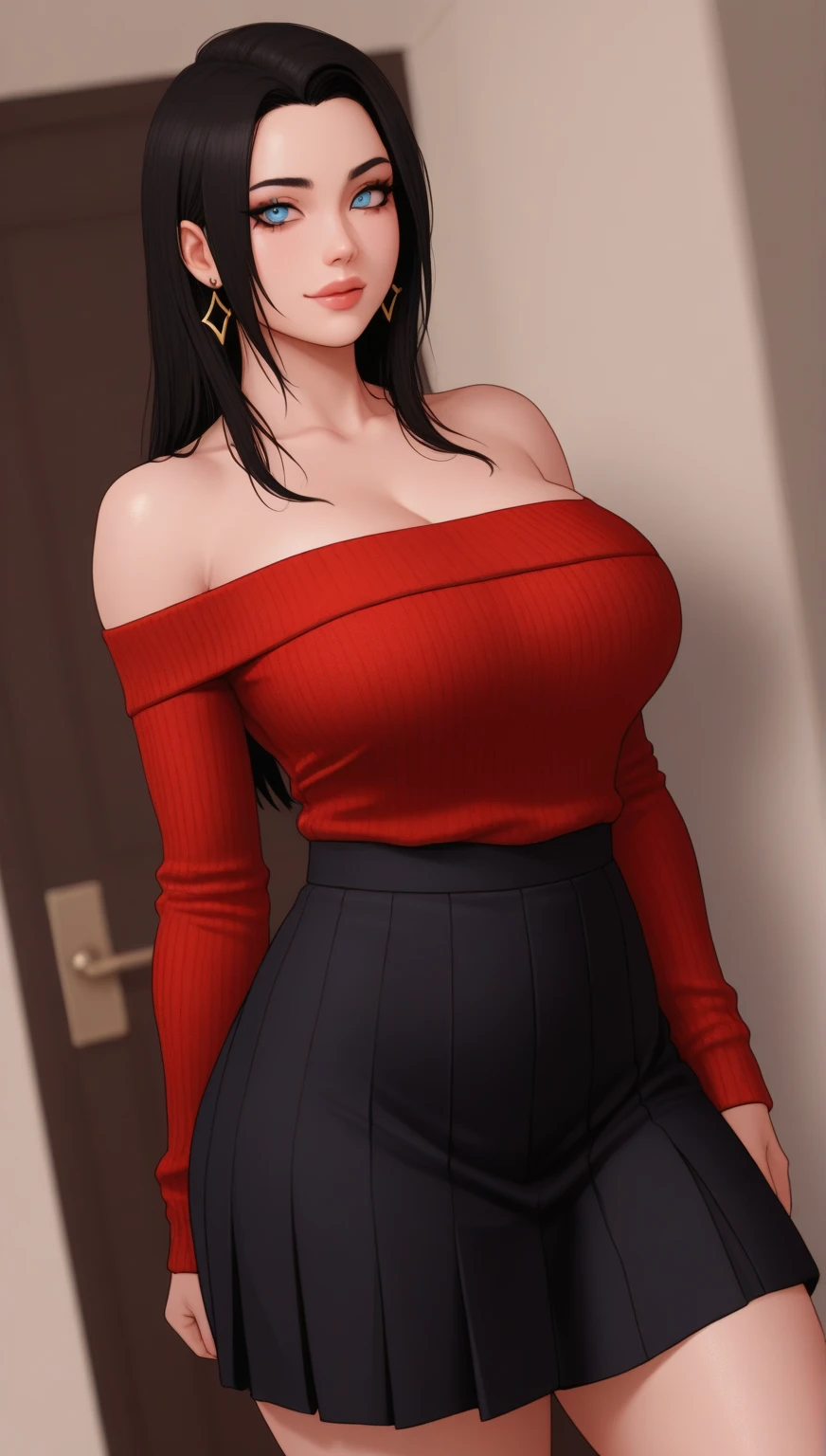 (masterpiece, Highest quality:1.3), (Super detailed:1.4),(Super detailed顔:1.2),(Super detailed目:1.2), (hyperRealistic:1.3), (RAW Photos:1.2), High-definition RAW color photos, Professional photos, (PhotoRealistic:1.4), (Realistic:1.4),8k,Professional Lighting, Perfect Anatomy, BREAK,(Big Breasts:1.6),(blush:1.2),(Bright smile:1.2),Yolfoger, High detail, Sharp focus, dramatic,dutch angle,Björf,Black Hair,Long hair short hair,White hair band,Kamimei,Leaning forward,Bring your face closer,Red eyes,Gold earrings,jewelry,Off the shoulder,(Red sweater:1.3),Sweater dress,Long sleeve,Black Pantyhose,Luxury bedroom,(thong:1.2),(Sexy pose 1.5)