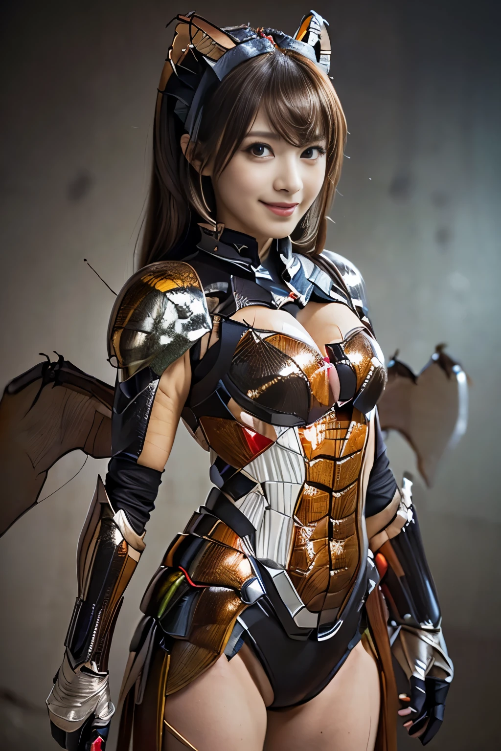 (high resolution,masterpiece,best quality,extremely detailed CG, anime, official art:1.4), realistic, photo, amazing fine details, all intricate, gloss and shiny,awesome many layers, 8k wall paper, 3d, sketch, kawaii, illustration,( solo:1.4), perfect female proportion,villainess, (fusion of dark brown cockroach and lady:1.4), (brown cockroach form lady:1.2), (brown cockroach lady:1.2), (fusion:1.2), (solo:1.4), (evil smile:1.2), muscular, abs, (cockroach brown exoskeleton bio insect suit:1.4), (cockroach brown exoskeleton bio insect armor:1.2), (brown transparency cockroach wing:1.4), (brown cockroach antennae:1.3),