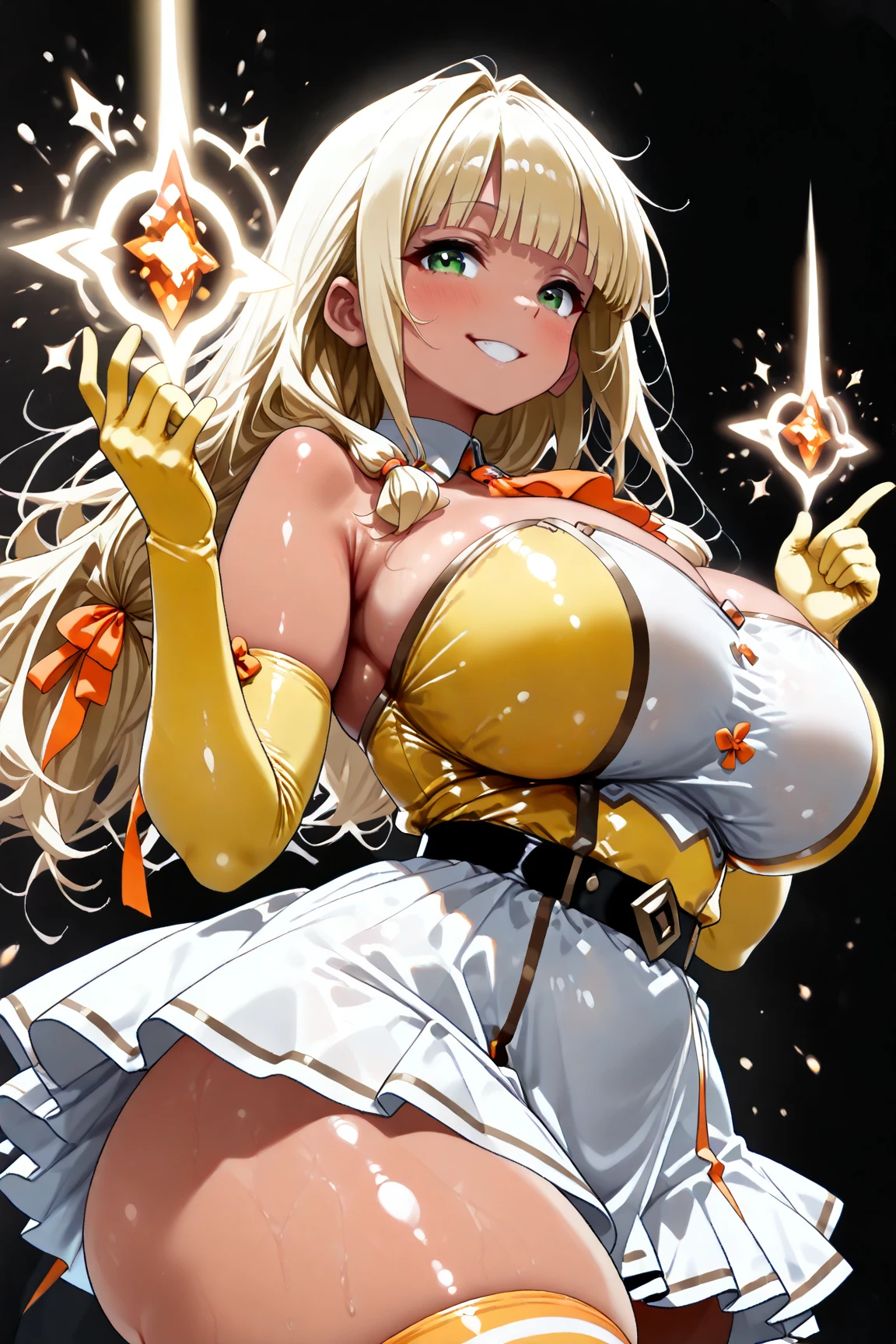 (masterpiece1.5),(young blonde woman in a gold dress、Fight the golden dragon with a big golden sword。), 1girl in, breasts, Solo, Blonde hair, Long hair, pointy ear, Blue eyes, Smile, cleavage, Dress, put hands on the hip,Sequin Dresses, Looking at Viewer,(((beautiful giant golden sphere))),kirakira,shiny,illustrious,golden colored,Gold Ball,Golden Jade,Dazzling,Reflectors,Gorgeous,high-class sense,kirakira,The Flash,metalic,emotional