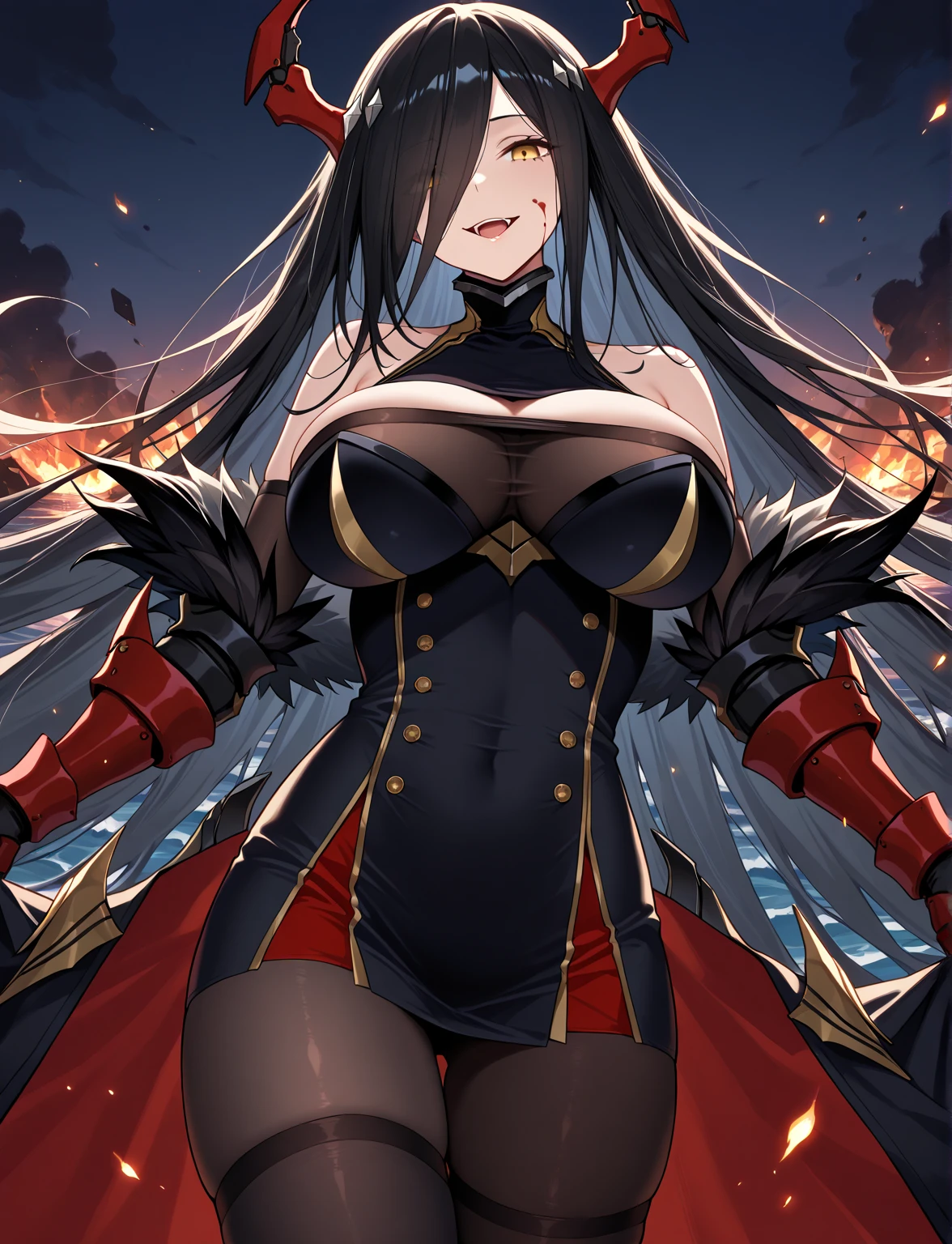 with red cloud motif,Pitch black background,Japanese style sheer bodysuit,Japanese style sheer hoodie,High breasts,Bottom angle