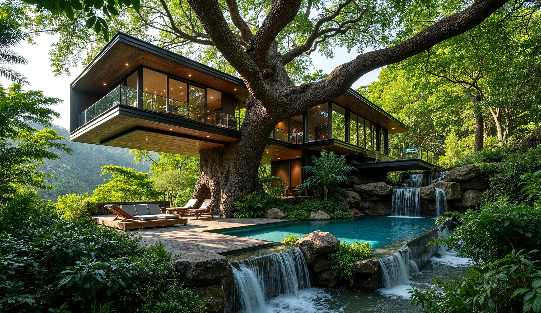 treehouse、A modern mansion standing on a giant tree、There is a luxurious pool、A waterfall cascades down from natural bedrock、