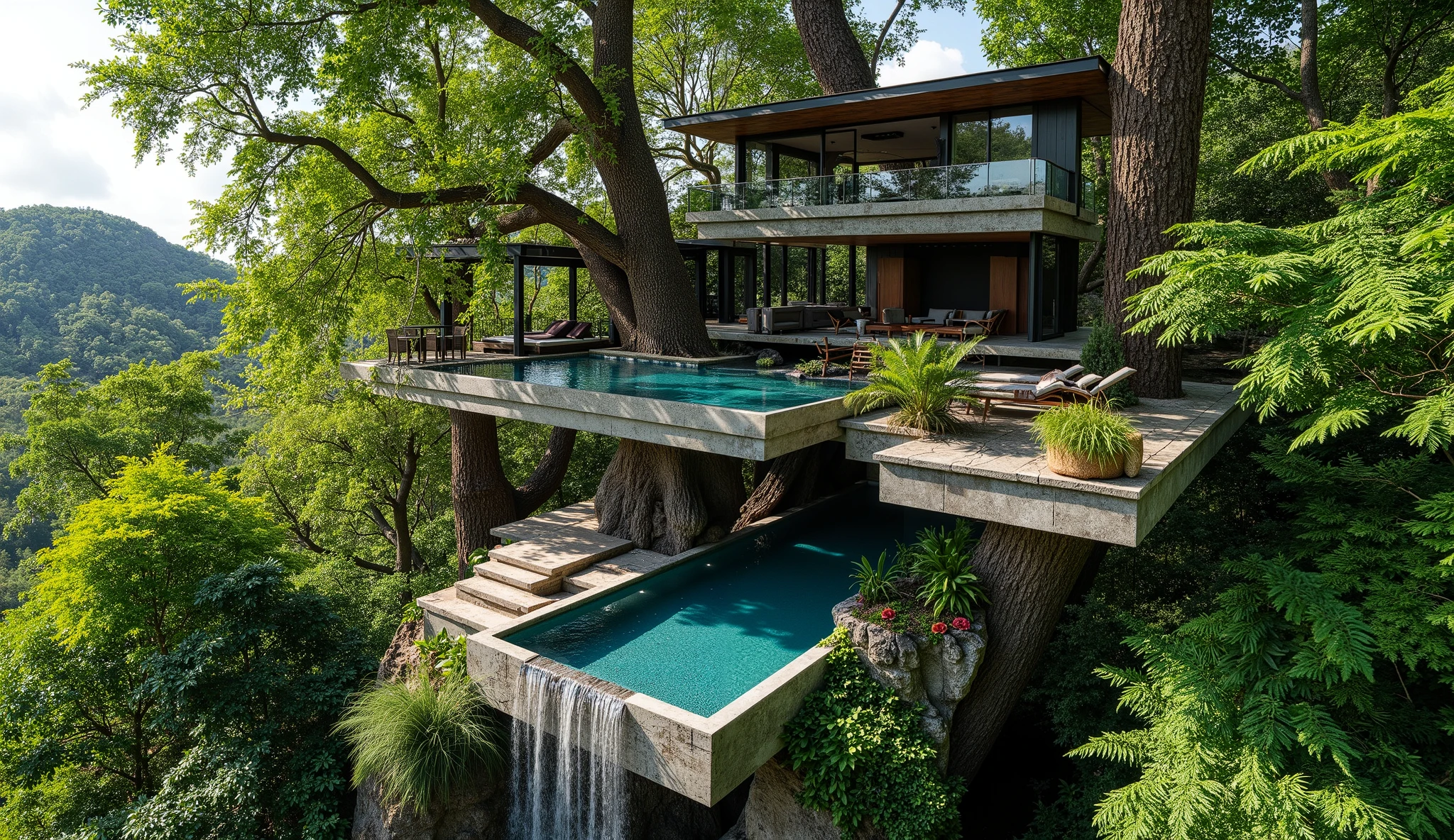 treehouse、A modern mansion standing on a giant tree、There is a luxurious pool、A waterfall cascades down from natural bedrock、