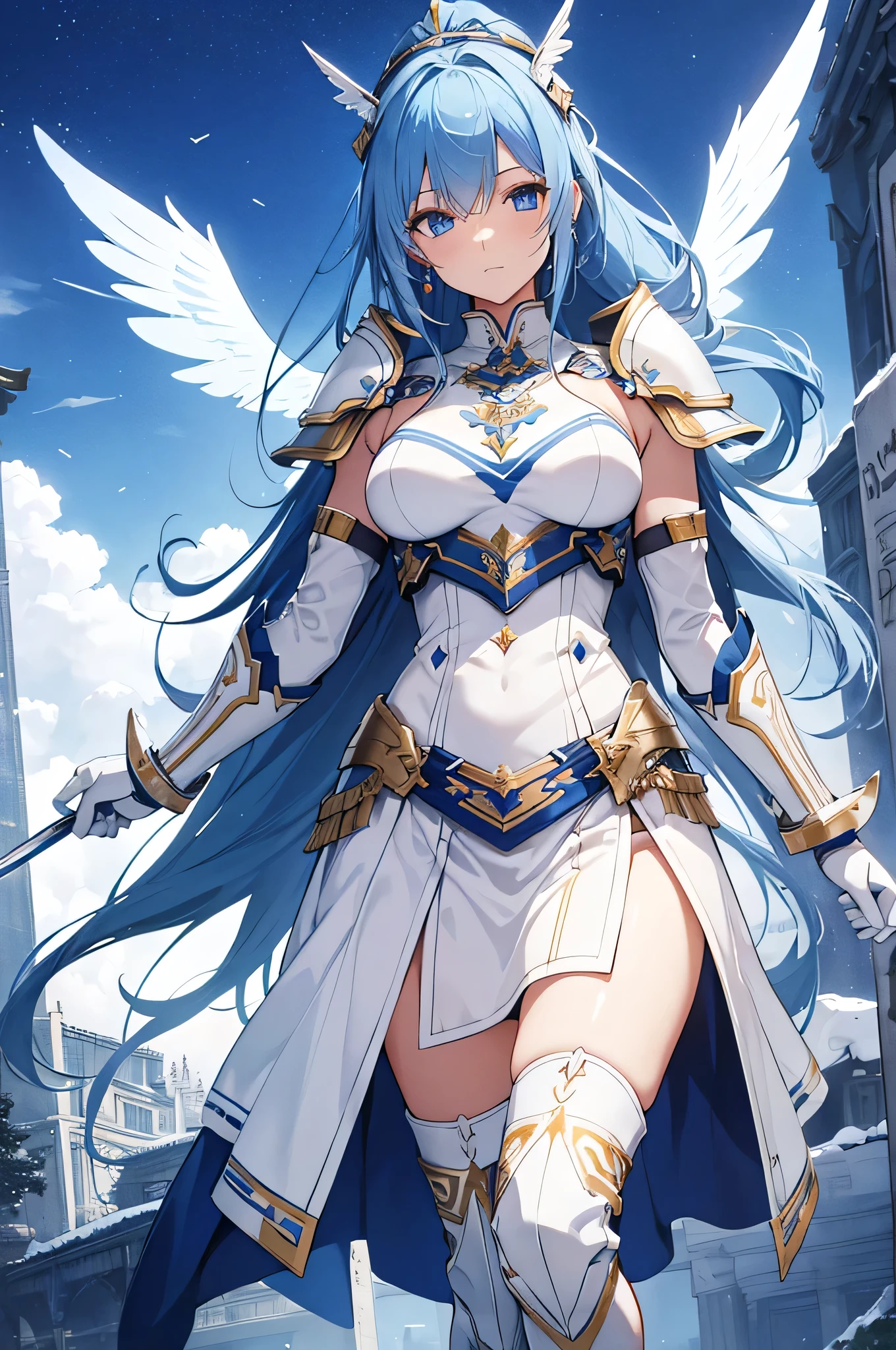 4K,High resolution,One Woman,White Hair,long hair,Blue Eyes,Valkyrie,Silver Sacred Armor,Full Armor,Sideboob,Blue long boots,Blue gloves,Winged headgear,Jewelry decoration,Holy Sword,Temple in the Sky