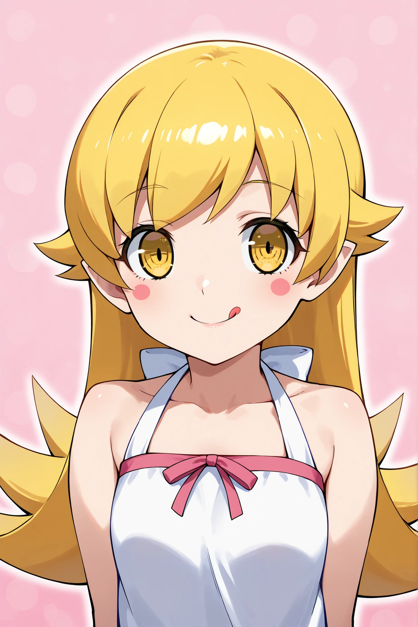 Shinobu Oshino,1 girl,Long Hair,big eyes, golden eyes doughnuts pink cheeks Smiling