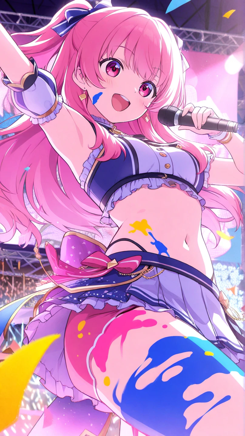 Masterpiece, Hyper detailed, Best quality, UHD, (((3D))), ((anatomically correct)), Dance club, 1 woman, Joyful Expression, ((Hyper detailed sexy (Black) dance outfit, headphones:0.5)), Busty, Curvy, (Hyper detailed eyes, Green eyes), Longeyelashes, Jewellery, Makeup, ((Pink hair, flowing hair)), {{{Club lighting}}}, ((Dynamic poses, stage, musical aura, performance, sparkling, Music notes)), AGGA_ST009
