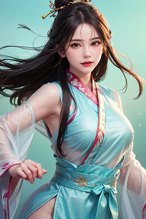 1 beautiful girl in hanfu dress, thin blue silk shirt with many white patterns, white lace trim, purple black long ponytail, hair jewelry, ear jewelry, necklace and necklace, meticulously drawn big blue eyes, meticulous makeup, thin eyebrows, high nose, pretty red lips, no smile, pursed lips, rosy cheeks, enlarged breasts, huge breasts, well-proportioned breasts, slim waist, colored mesh socks blue, hands relaxed, hands relaxed and not holding anything in hand, chinese hanfu style, fictional art textures, vivid and realistic colors, RAW photos, realistic photos, 8k surreal photos ultra high quality, (amazing lighting effect: 1.8), 10x pixels, magic effect (background): 1.8), super detailed eyes, girl portrait, girl alone, historical background hanfu,