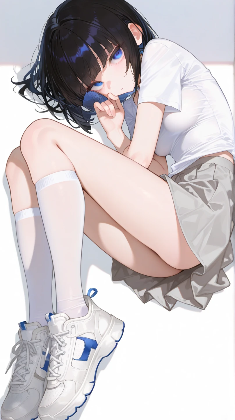 A beautiful woman sits on the floor，Lie in a dynamic position with your legs crossed, Massage the ankles, Simple illustration, 🚿🗝📝, illustration], Big breasts Thin waist, komono, knees weak, smooth body features