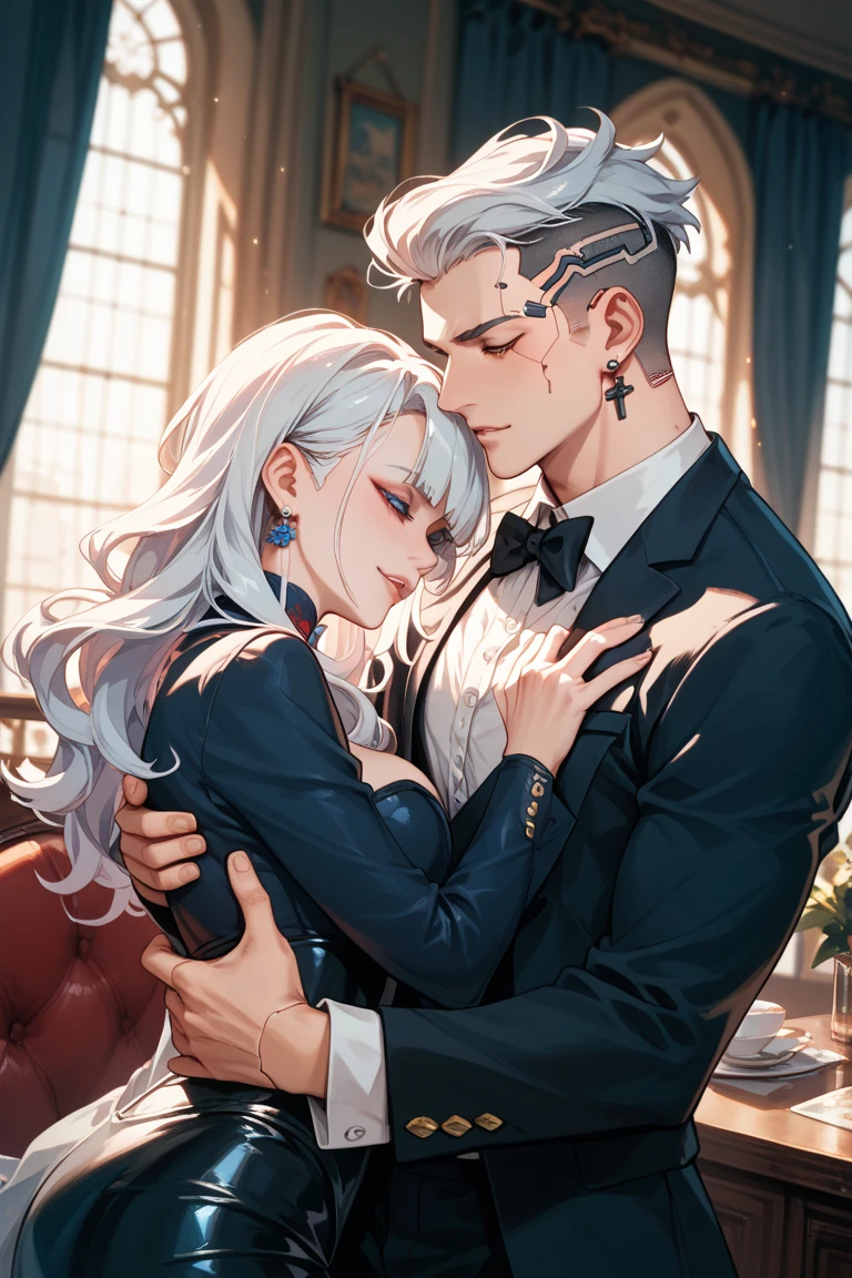 ke (((1male white hair people:Piercing in the left ear,、tall、tall、Tall、a handsome、refreshing、burly)))、(((1female blue hair:Long、short、Best style、F-cup、See-through sexy dress、Beautuful Women)))、((((a couple))))、{(Best Quality, 8K, masutepiece, nffsw, Soft lighting, image perfect, Digital Illustration, manhwa art, super detailed image, Perfect lines, )} พื้นหลังโบสถ์