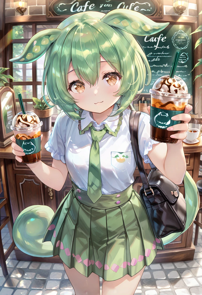 Cool beauty，Looks sweet，bob haistyle, (only wearing dark green starbucks apron, off-shoulders), show clavage, show big thigh, plump body, huge breast, full body photo, squat pose. Wearing black bunny headbe. Side view. nd. In coffee shop.