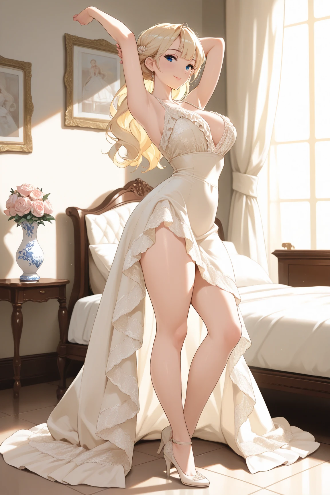 anime, beautiful face, highly detailed face, 2 accurate legs detailed eyes, highly detailed background, perfect lighting, accurate arms, accurate hands, accurate fingers, full body, 1girl, solo, ruby hoshino, oshi no ko, indoors, detailed heels, white detailed thighhighs, indoors, absurdres, high res, ultrasharp, 8K, masterpiece, looking at viewer, elegant pose, (full body:1.4), smiling with compassion, teasing smile, detailed dress, patterned wedding dress, cleavage, standing,