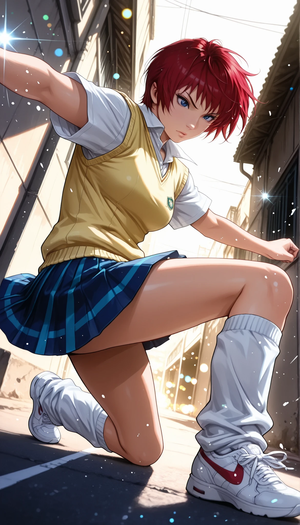 1 woman, solo, back alley, fight,  battle action , photographic realism, MakiAikawa, (Air Master), tomboy, short hair, red hair, blue eyes, collared shirt, white shirt, yellow sweater vest, short sleeves, blue skirt, pleated skirt, miniskirt, loose socks, kneehighs, striped skirt, school uniform, White footwear, sneakers, colorful, bokeh, wide angle, Engaging Composition, Expert Shooting, Immersive, Delicate Details, Beautiful Gradients, VERY REALISTIC, high resolution, REALISTIC, High-quality, Professional, 4K, Top quality, masterpiece.