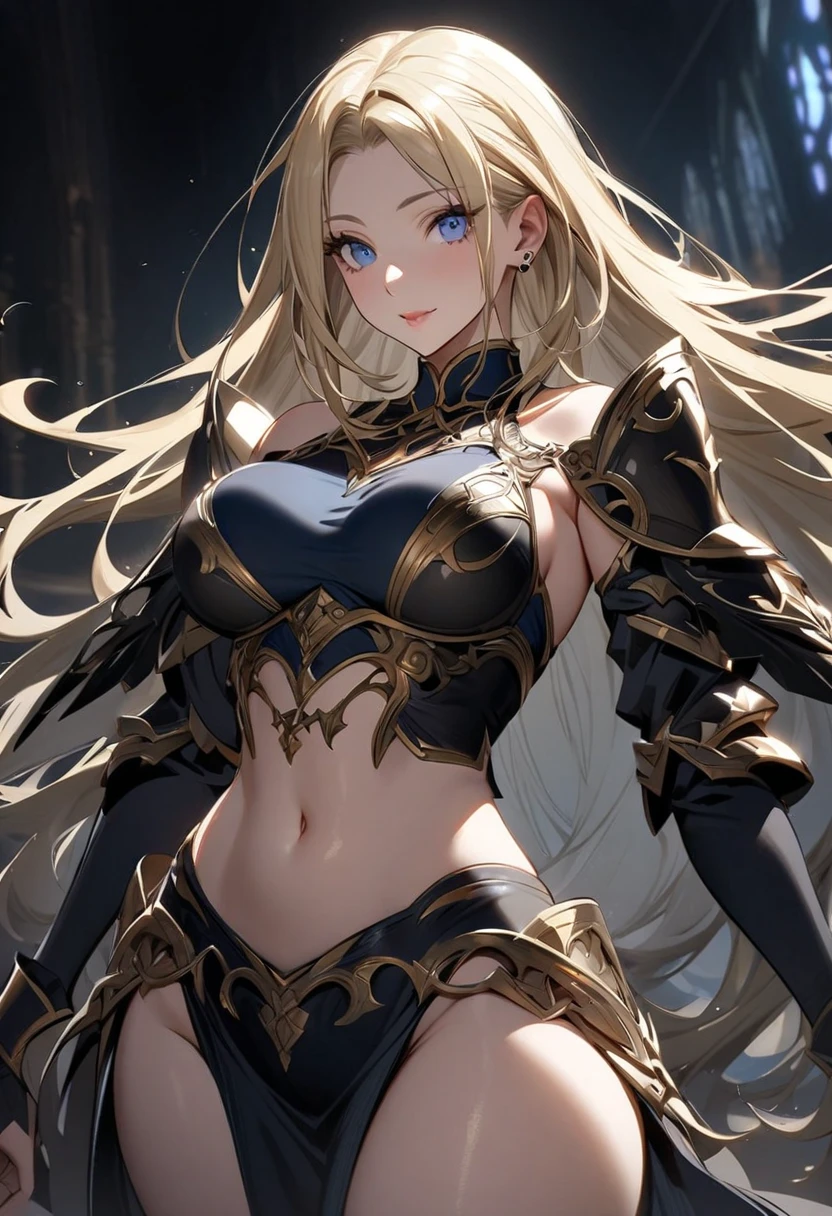 Beautiful images,Detailed Images,Official image,One Woman,Blonde,Blue Eyes,Ponytail Hair,Model body type,(Dark Skin:1.3),Elf Ears,Large Breasts,(Black Knight's decorated heavy armor,Black Gauntlet,Red Cape:1.3),Carry a sheathed sword on your waist,