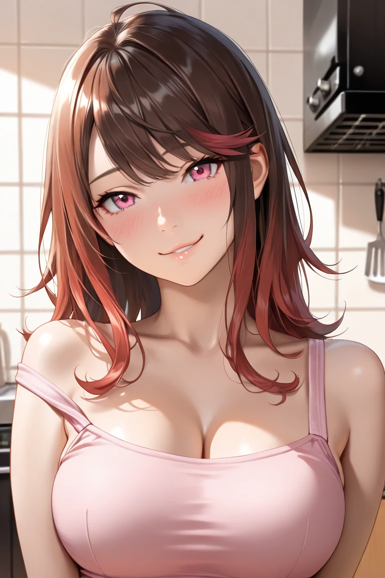 a girl 18yo old,(dynamic angle:1.3, breast focus:1.0, from above:1.1), (dynamic posing:1.2, sexy posing:1.3, leaning forward), (seductive smiling:1.3),masterpiece, (pointed chest:1.3), Amazing Cleavage:1.3, thin waist, Raised sexy, small breast: 1.2 posed cleavage:1.2, open mouth, have a grass of beergrass,black hair, blue eyes, bare shoulders, jewelry, collarbone, sidelocks, hairband, earrings, indoors, red dress,off shoulder sweater dress, arms behind back, short hair with long locks, white hairband, big side hair, very long side hair is rendered in (masterpiece: 1.2, best quality), with (ultra high resolution) and an exquisite (depth of field). This masterpiece is not only visually stunning but also tells,A scene of cooking in the kitchen, looking at viewer,