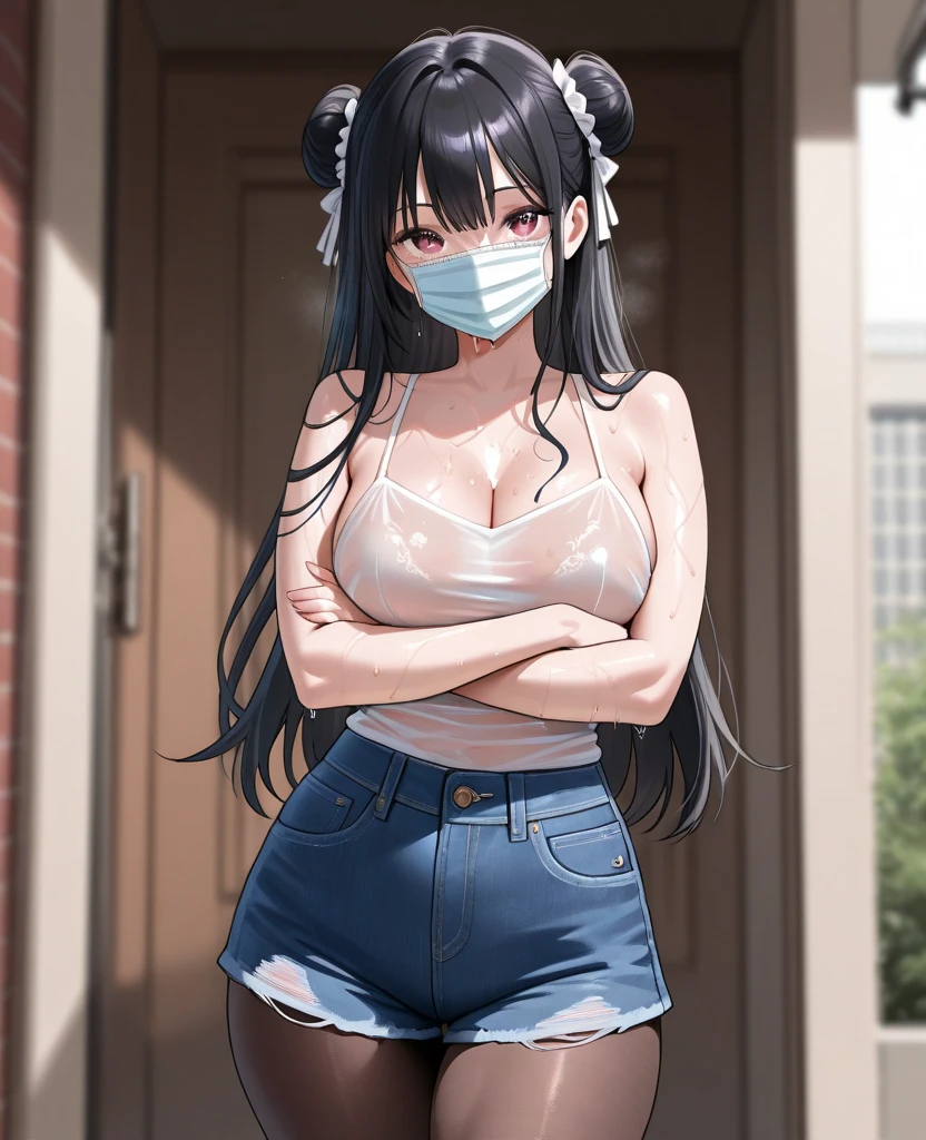 One Woman、 18-year-old girl,
Dark Medium Hair, Small breasts breasts,
Wearing blue plain clothes、Beige bra、Embarrassed look、in a house