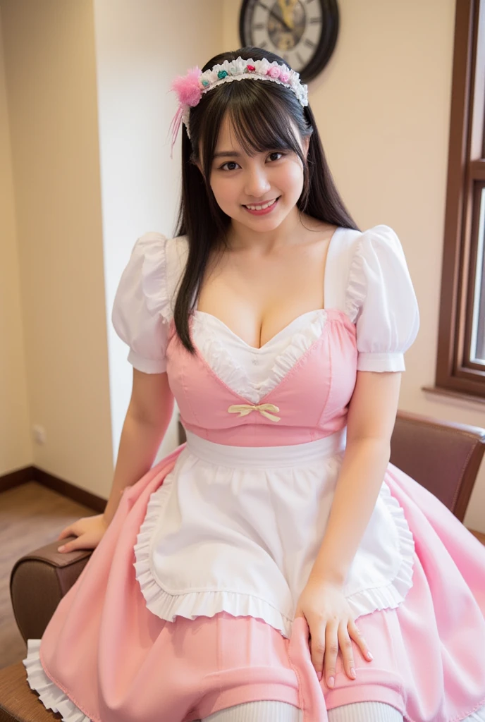 (1 young girl), brown hair, wonderful face and eyes, pink eyes, (Maid café costume with frills, pleated mini skirt:1.5), (Maid café costume with wide open chest:1.1), beautiful breasts, bare chest, (amazingly beautiful girl), brown hair, stylish hair ornament, (highest quality:1.4), (super detailed), (very detailed CG 統合 8k 壁紙), very detailed, High resolution raw color photos, professional photography, cute pink room, pink bed, pink lighting, (((Bokeh))), Depth of bounds written,(big breasts:1.8、You can see beautiful cleavage、put on a choker)