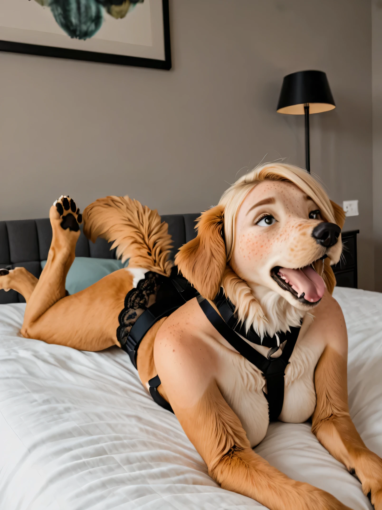A young woman with long blonde hair is lounging on a bed covered in white bedding. She is wearing a revealing black outfit with lace details, consisting of a harness top and matching bottoms. Her legs are stretched out behind her, with her feet playfully crossed at the ankles. The room has a cozy and playful atmosphere, reflected in the array of stuffed animals surrounding her, including teddy bears and plush toys, facing forward to the camera, ((ultra realistic)), ((photograph)), looking shocked, looking surprised, painful expression,(four legged:1.2), (quadrupedal:1.4), (quadruped:1.4), (paws:1.2), ((long fluffy dog tail)), ((wider hips)), transformed into a feral dog, breasts, large breasts, (Dog ears:1.2), (fluffy dog tail:1.3), ((dog fur growing)), ((woman with freckles)), brown freckles, (cute freckles), (small freckles), freckled, freckles!!!, (freckles), (freckled face), (breasts showing), 30 year old woman, ((freckled nose)), ((freckled chest)), transformed into a momma dog, breasts, six breasts, multi-breast, bust, (transformation:1.2), (((all four paws touching bed))), ((on all four dog legs)),on all fours, dog tail, pointy dog ears, dog paws, six breasts, dog fur, dog teeth, face pushing outward into a dog muzzle, 1girl, solo, ((long dog nose)), blue eyes, ((body reshapes into dog body)), ((anthro dog)), bent over a table transforming into a dog with dog ears, a dog tail, a dog nose, dog paws, dog hands, dog feet, and dog arms. Long Hair, Breasts, Animal Ears, Dog Ears, dog tail, dog paws, Heavy Breathing, Full-face Blush, Moaning, Smelling, Confused, Worried, Flustered, Excited, Panicking, Eye-Level Shot, Large breasts, hands morphing into dog paws