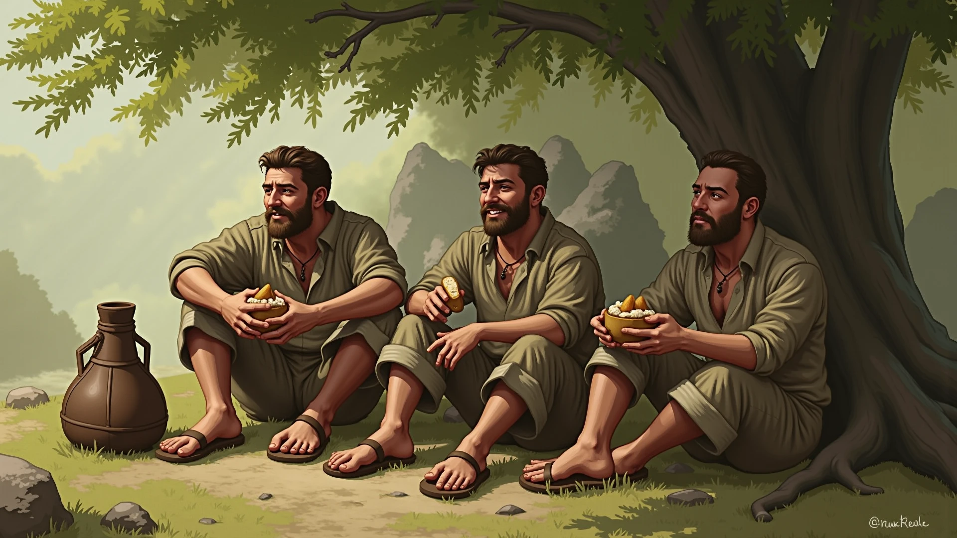 Men crowd in forest eating food and frogs are jumping