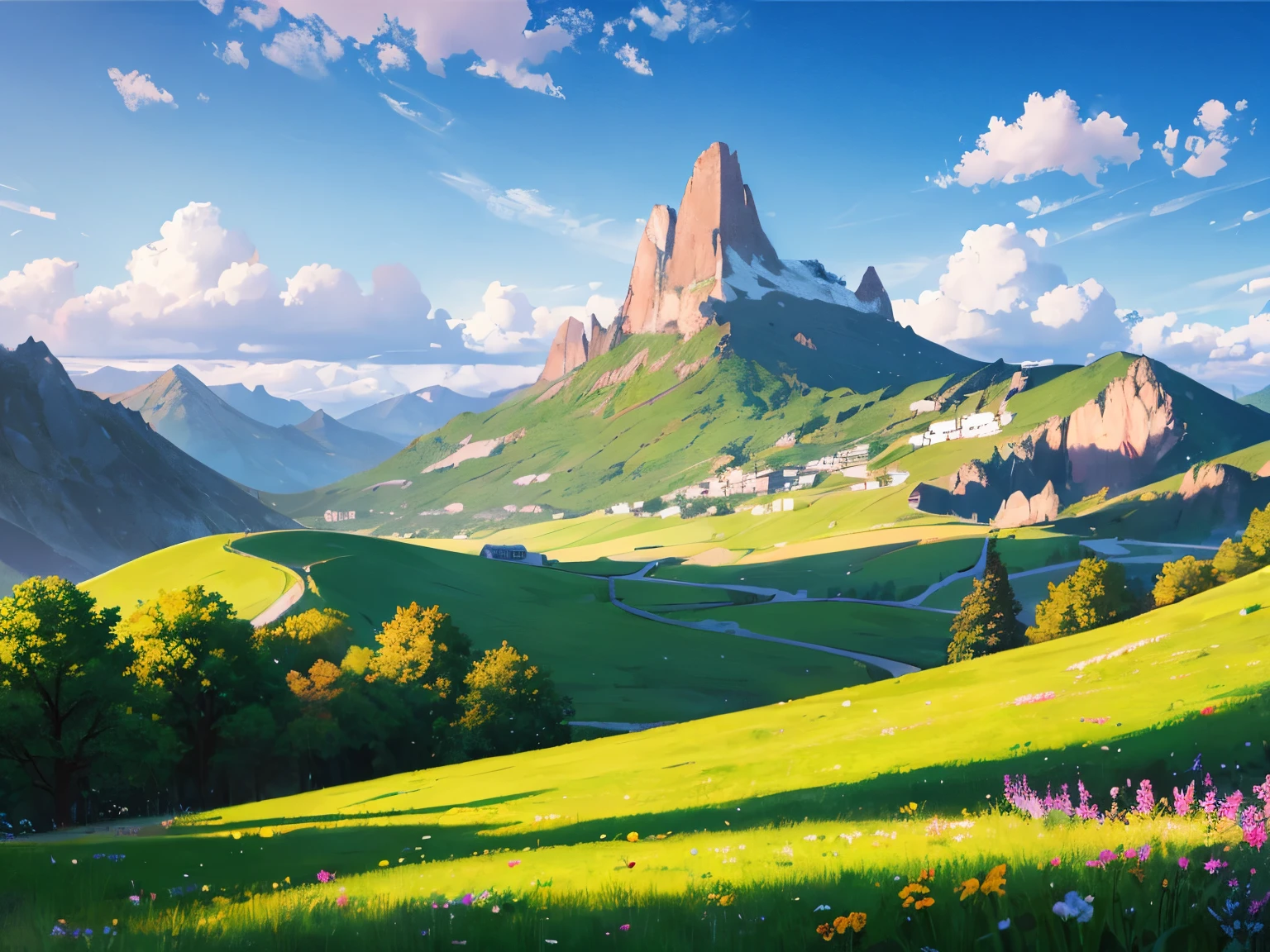 A bright fantasy world view from the edge of the hill,, See a wide meadow below,, , there are high, pointed mountains in the middle, and forests all around., There are scattered trees around